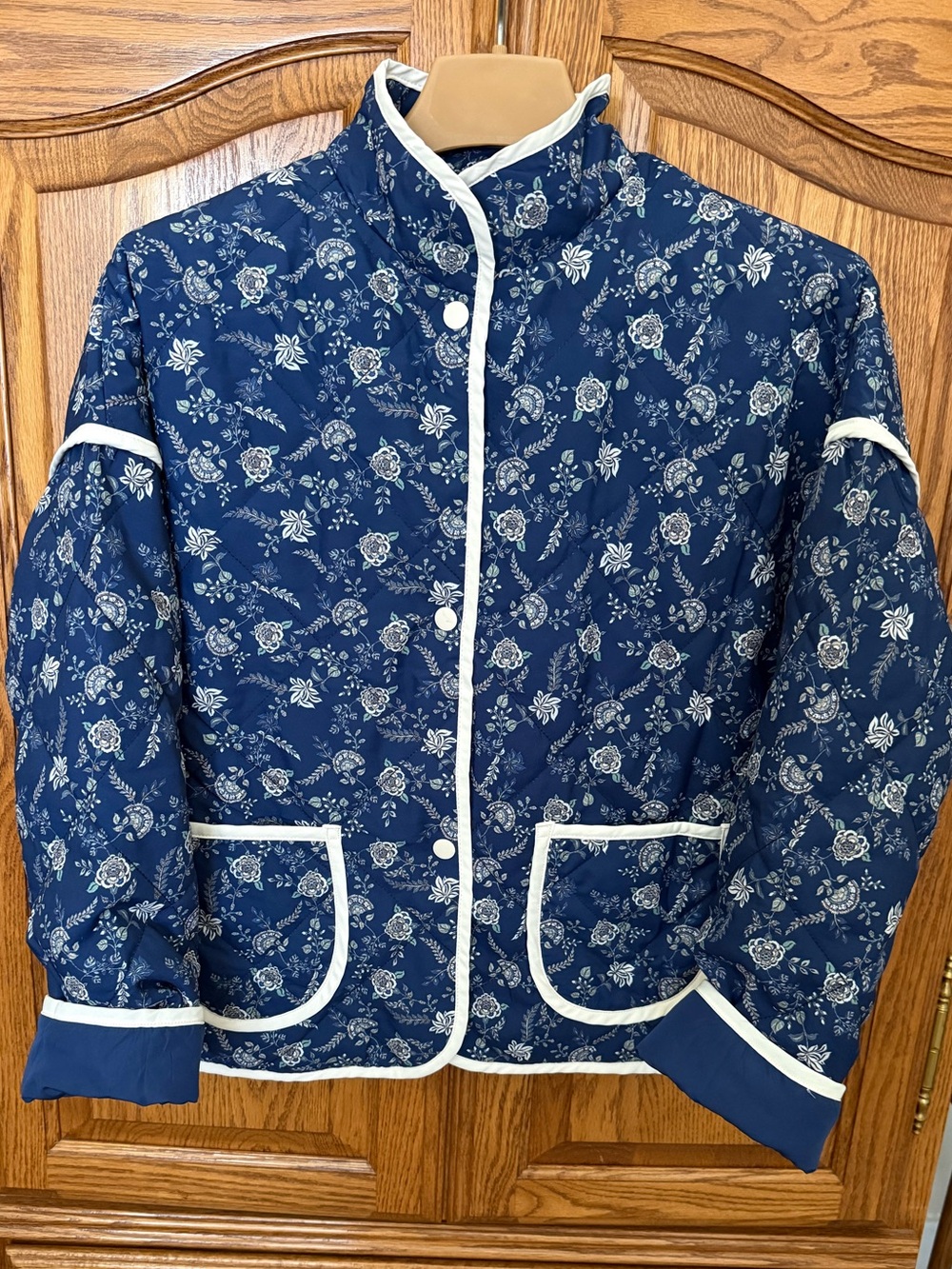 Quilted Navy Floral Contrast-Trim Jacket